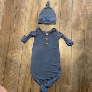Dusty blue Caden Lane knitted gown and hat